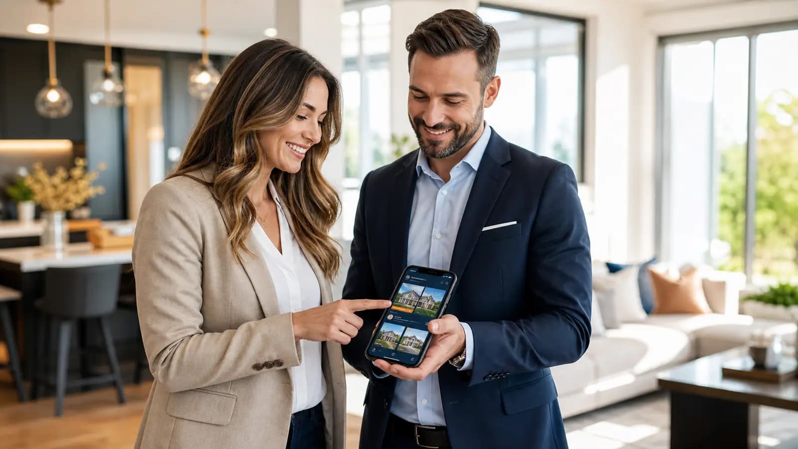 Realtor using a mobile workflow with a client in a bright property
