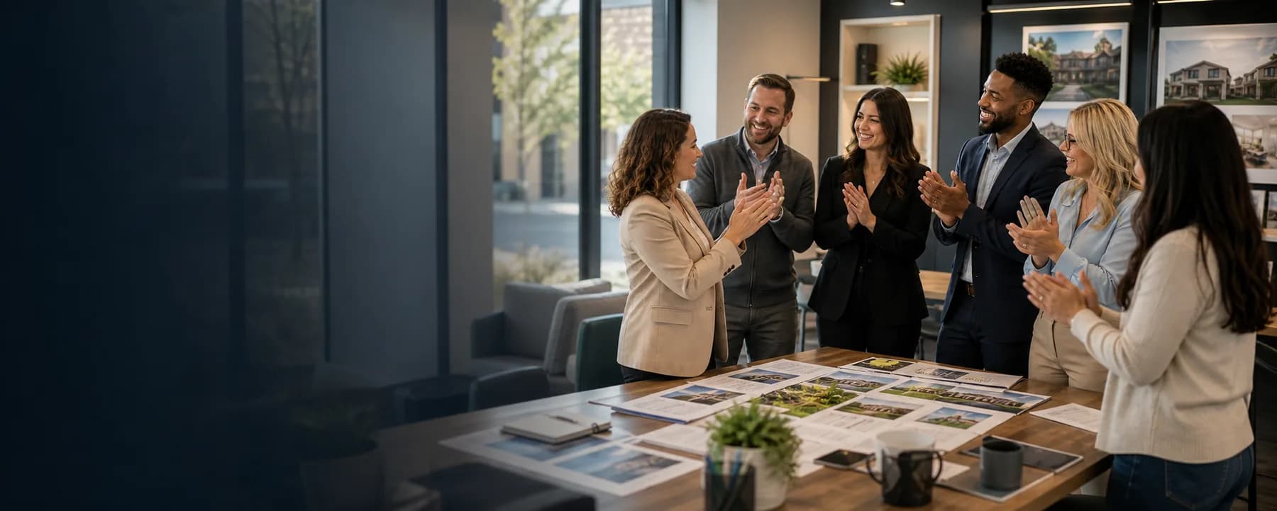 Happy real estate team celebrating a successful platform launch