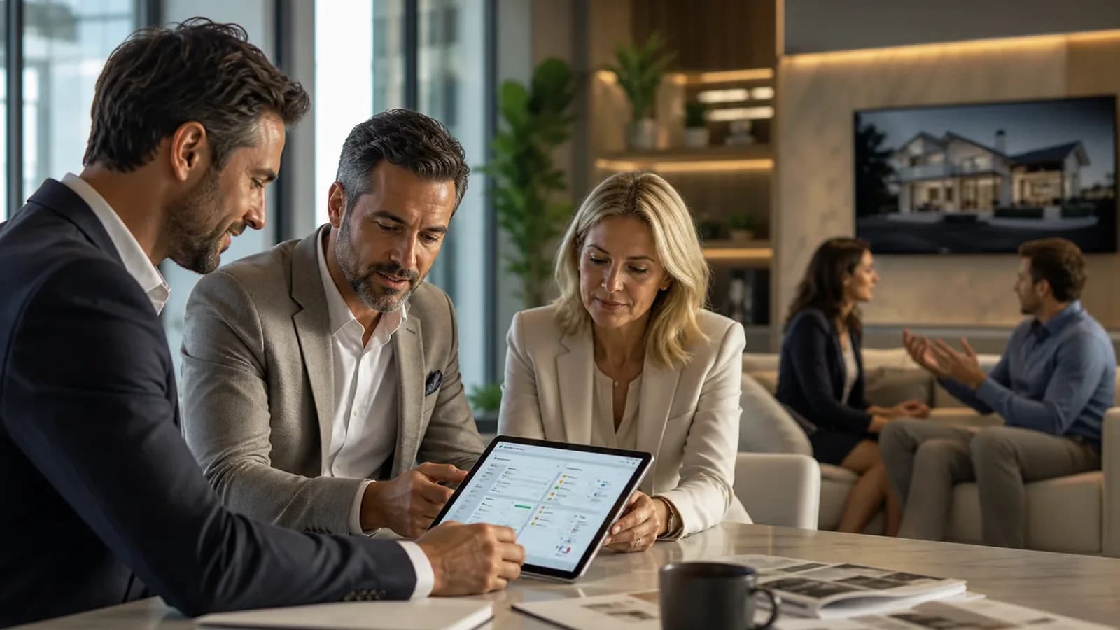 Brokerage advisor reviewing AI-prepared client next steps with real estate professionals