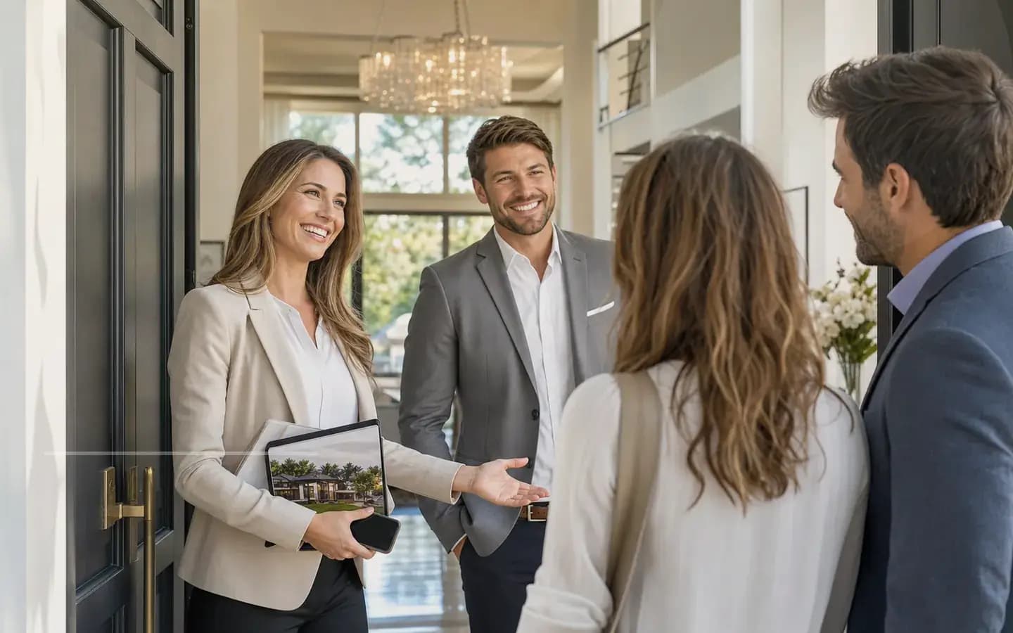 Luxury real estate advisor guiding a client through a premium property experience