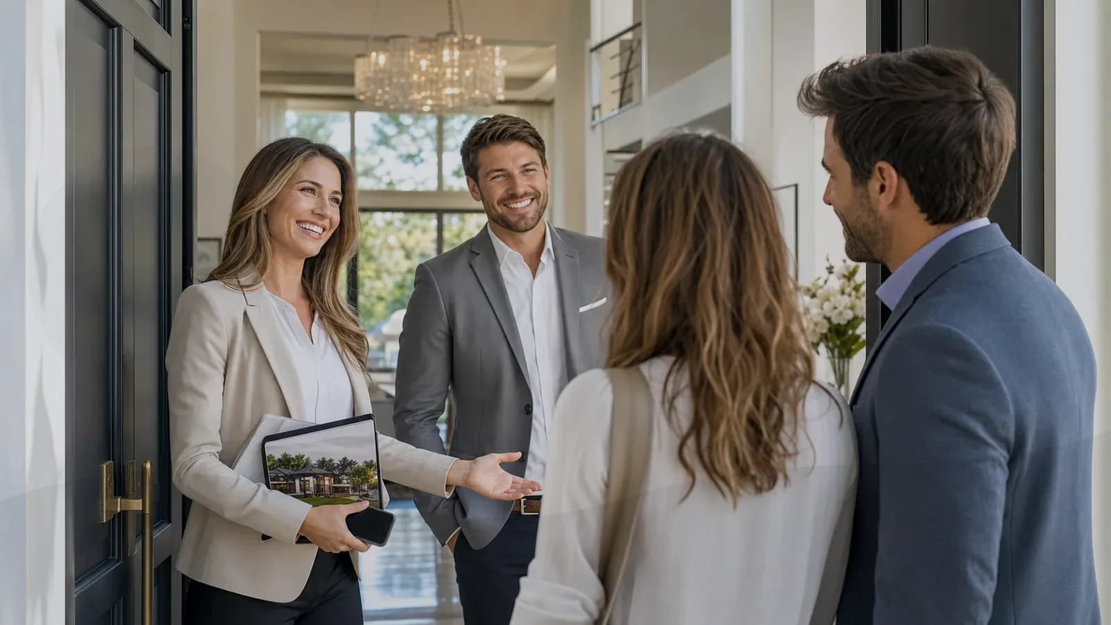 Real estate team welcoming clients inside a modern home
