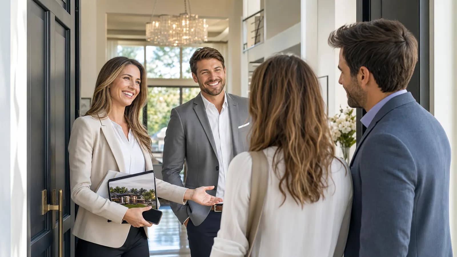 Happy realtor team connecting with clients in a modern home