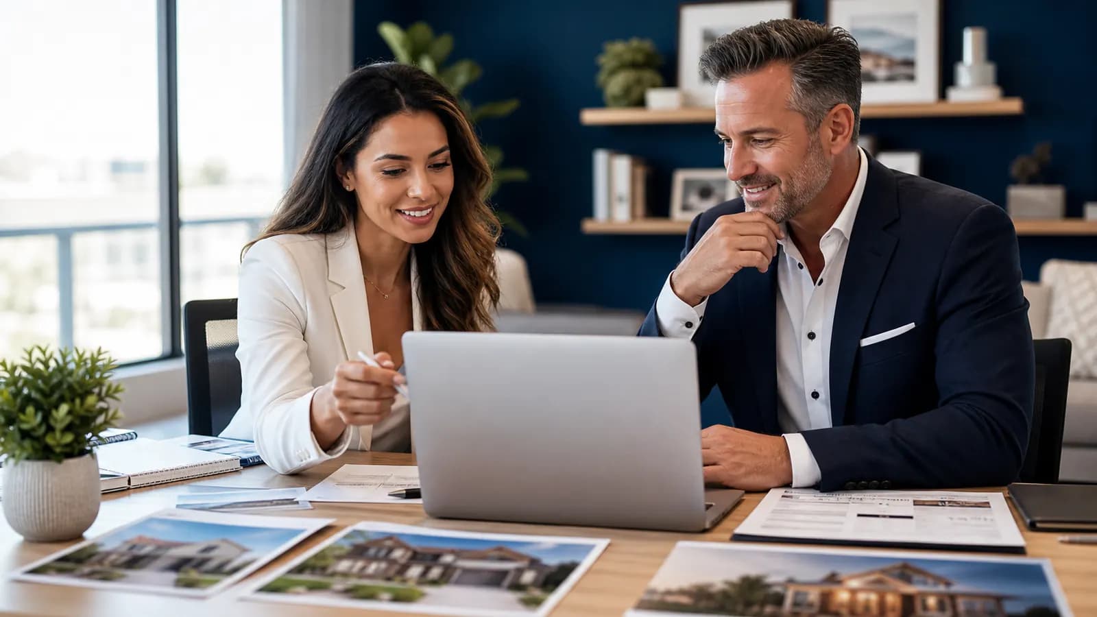 Real estate marketing team reviewing an approved social content calendar